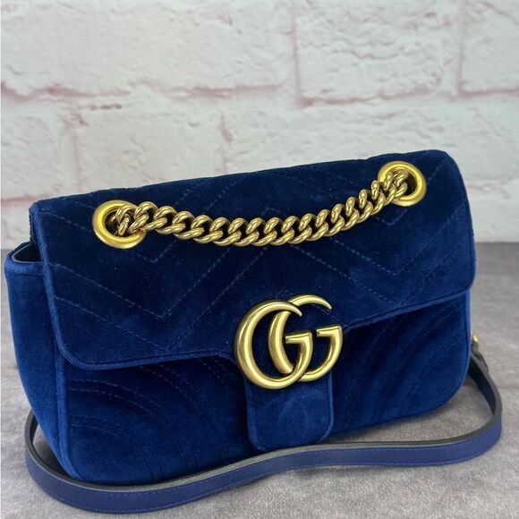 Gucci Gg Marmont Small Blue Velvet Chain Bag - Picture 1 of 15
